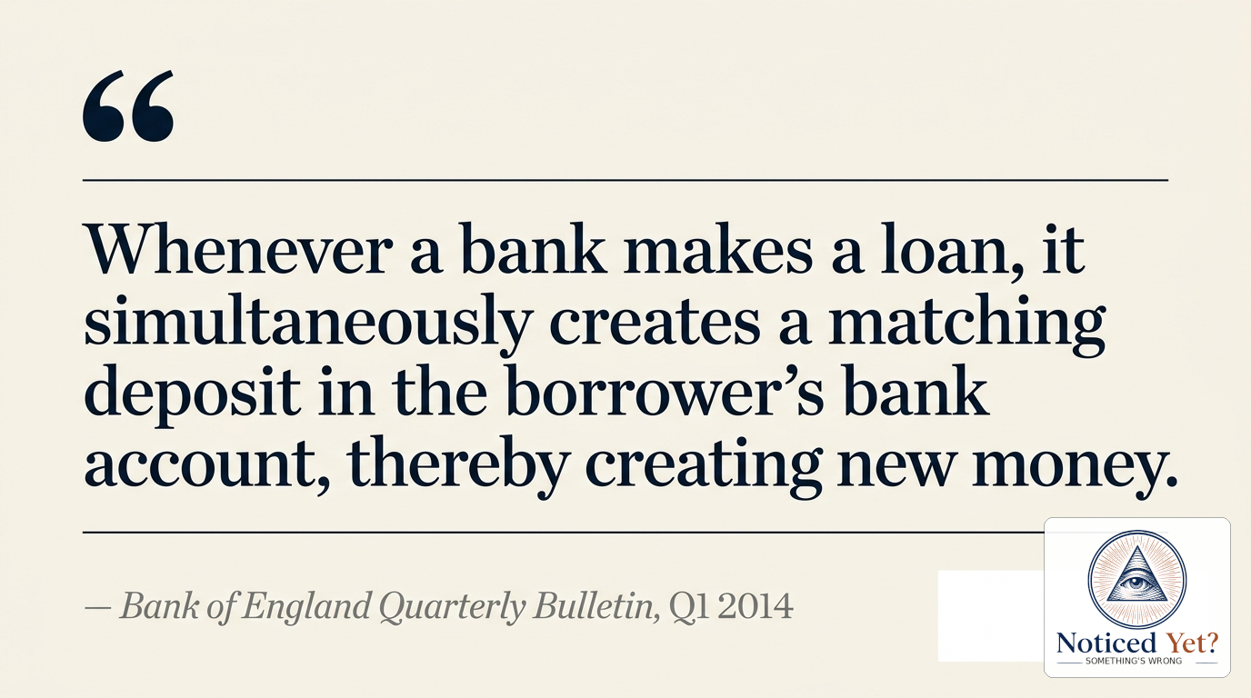 Pull quote from the Bank of England Quarterly Bulletin Q1 2014: 'Whenever a bank makes a loan, it simultaneously creates a matching deposit in the borrower's bank account, thereby creating new money.'