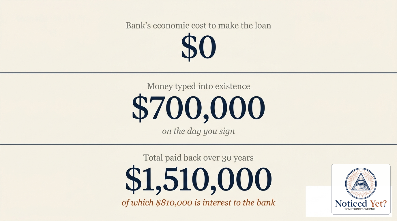 Editorial financial graphic showing: bank's economic cost to make the loan was $0; money typed into existence on the day you sign was $700,000; total paid back over 30 years is $1,510,000, of which $810,000 is interest to the bank.