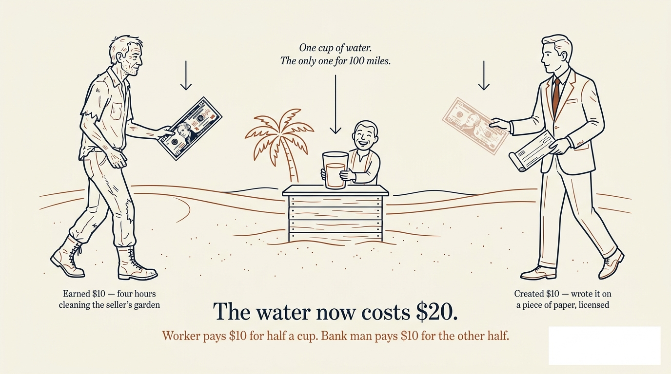Editorial diagram of the desert water economy: a worker with hard-earned ten dollars on the left, a bank-licensed man with conjured ten dollars on the right, both approaching a single seller at a water stand under a palm tree. The water now costs twenty dollars; each man gets half a cup.