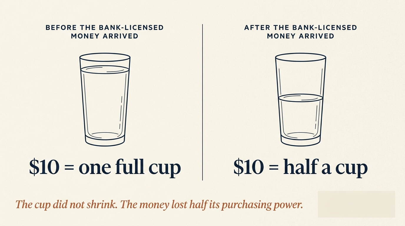 Two-column comparison: before the bank-licensed money arrived, ten dollars bought a full cup of water; after it arrived, ten dollars bought only half a cup. The cup did not shrink — the money lost half its purchasing power.