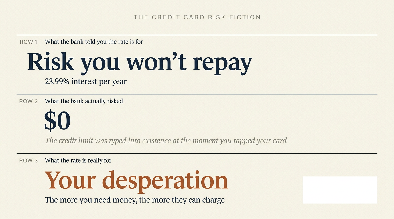 Three-row editorial graphic: the bank told you the 23.99 percent rate is for the risk you won't repay; the bank's actual risk was $0 because the money was typed into existence at the moment you tapped; the rate is really for your desperation — the more you need money, the more they can charge.