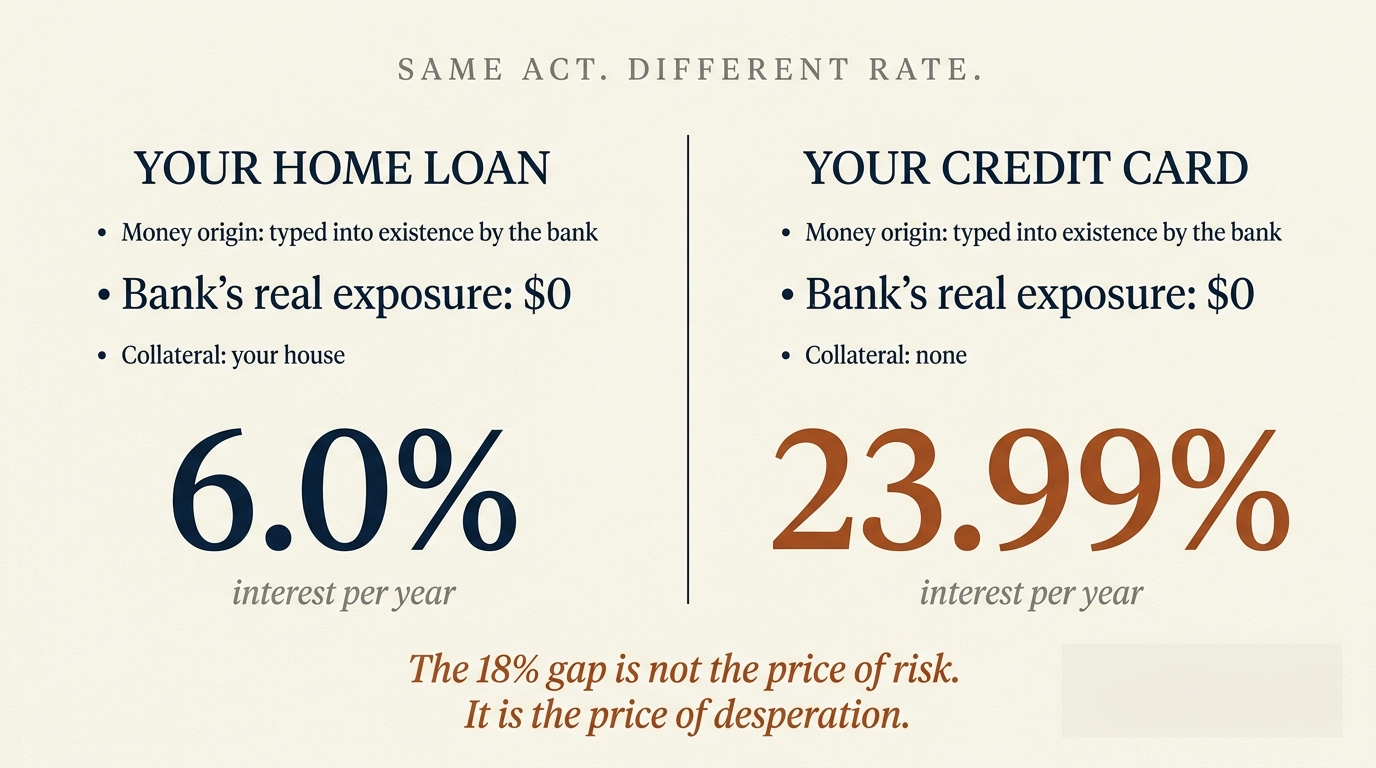 Side-by-side comparison of a home loan at 6 percent and a credit card at 23.99 percent. Both: money typed into existence by the bank, bank's real exposure $0. The 18 percent gap is not the price of risk. It is the price of desperation.