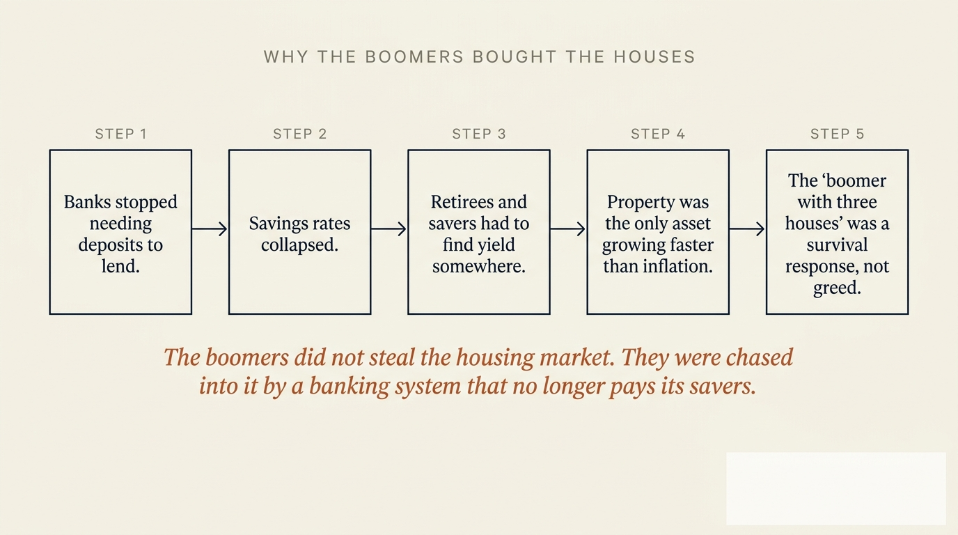 Five-step flow diagram explaining why the boomers ended up with the houses. Step 1 banks stopped needing deposits. Step 2 savings rates collapsed. Step 3 retirees had to find yield. Step 4 property was the only growing asset. Step 5 the boomer with three houses was a survival response not greed.