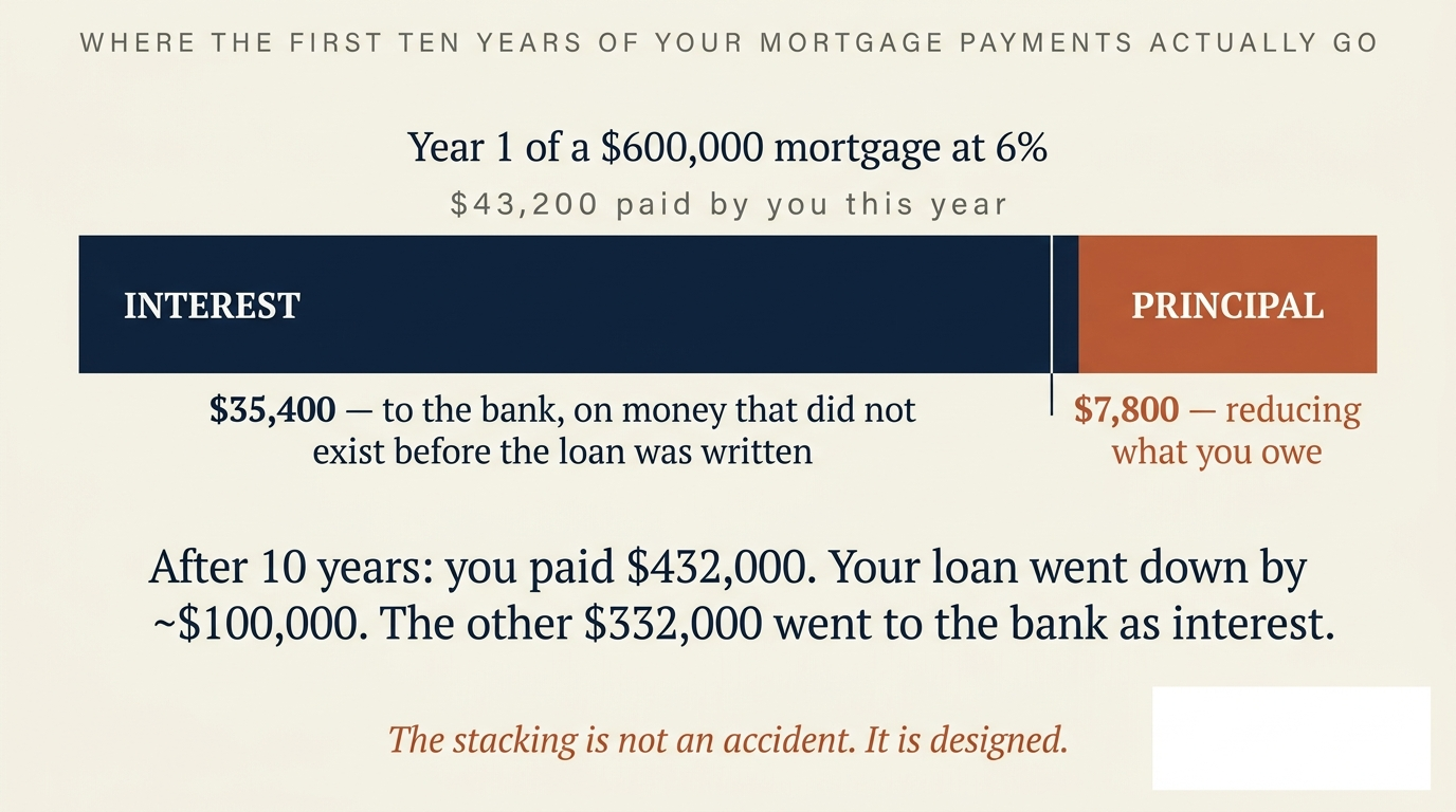Stacked bar chart of year 1 of a $600,000 mortgage at 6%. The borrower pays $43,200 in the year. Of that, $35,400 is interest to the bank on money that did not exist before the loan was written, and only $7,800 reduces what the borrower owes. After 10 years: $432,000 paid, loan went down by $100,000, the other $332,000 went to the bank as interest. The stacking is not an accident — it is designed.