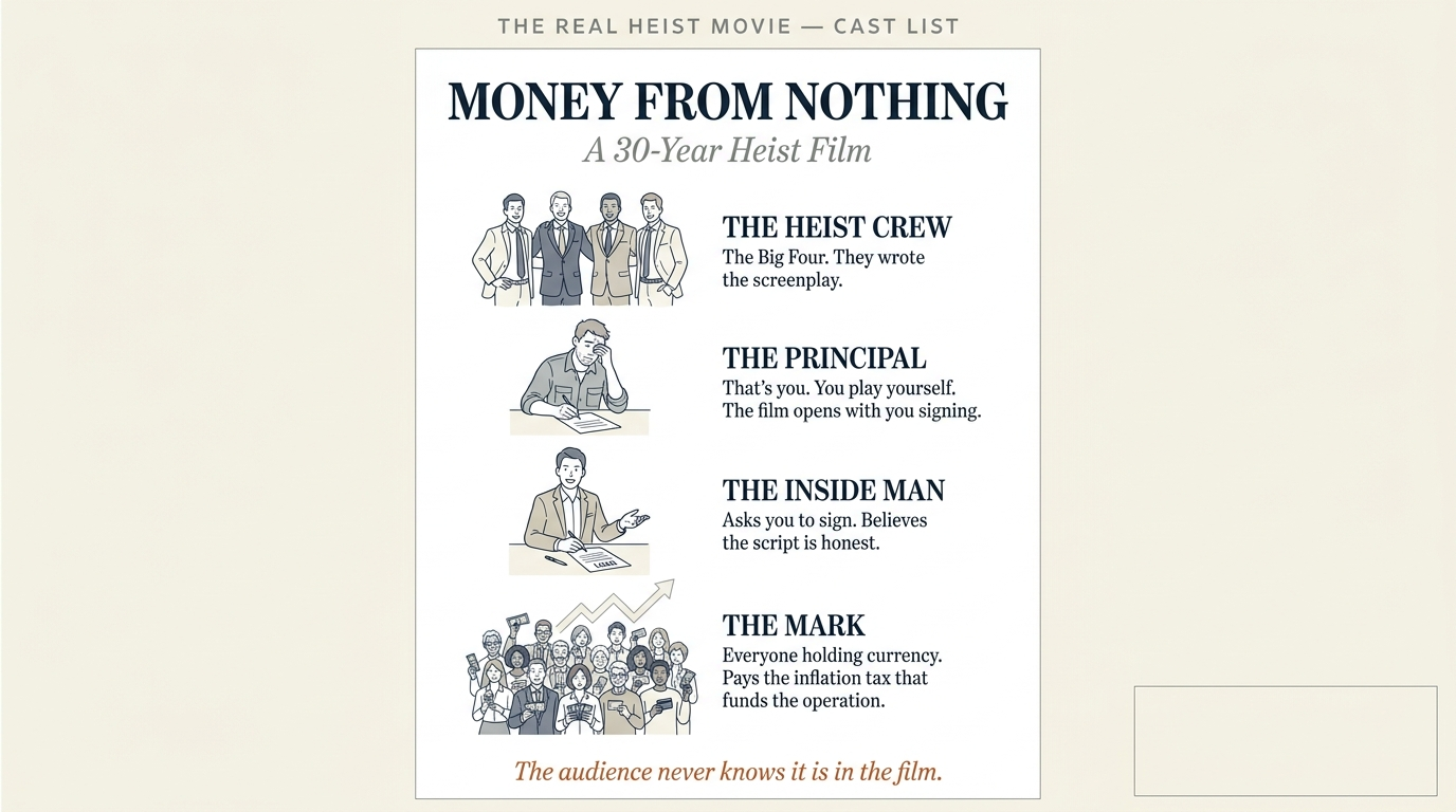 Film poster style cast list for The Real Heist Movie — a 30-year heist film titled Money From Nothing. The heist crew is the Big Four bank executives who wrote the screenplay. The principal is the wage-earner who plays themselves and opens the film by signing. The inside man is the smiling loan officer who asks for the signature and believes the script is honest. The mark is the public at large, everyone holding currency who pays the inflation tax that funds the operation. The audience never knows it is in the film.