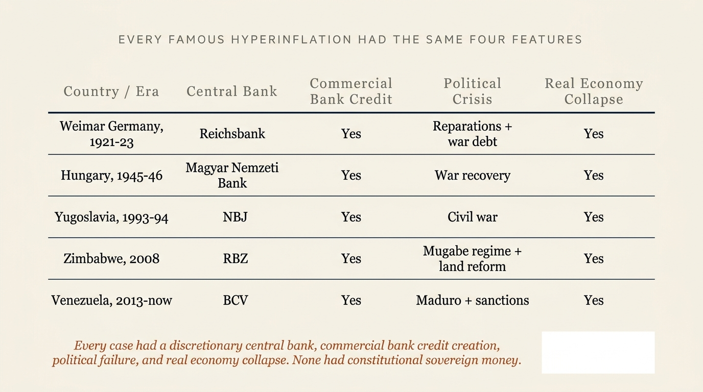 Comparison table of five famous hyperinflations — Weimar Germany 1921-23, Hungary 1945-46, Yugoslavia 1993-94, Zimbabwe 2008, Venezuela 2013-now — all five had a central bank, commercial bank credit, political crisis, and real economy collapse. None had constitutional sovereign money.